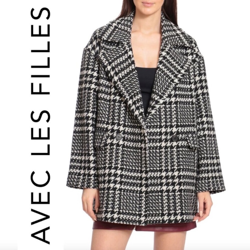 Avec Les Filles Houndstooth Black & White Plaid Peacoat Large